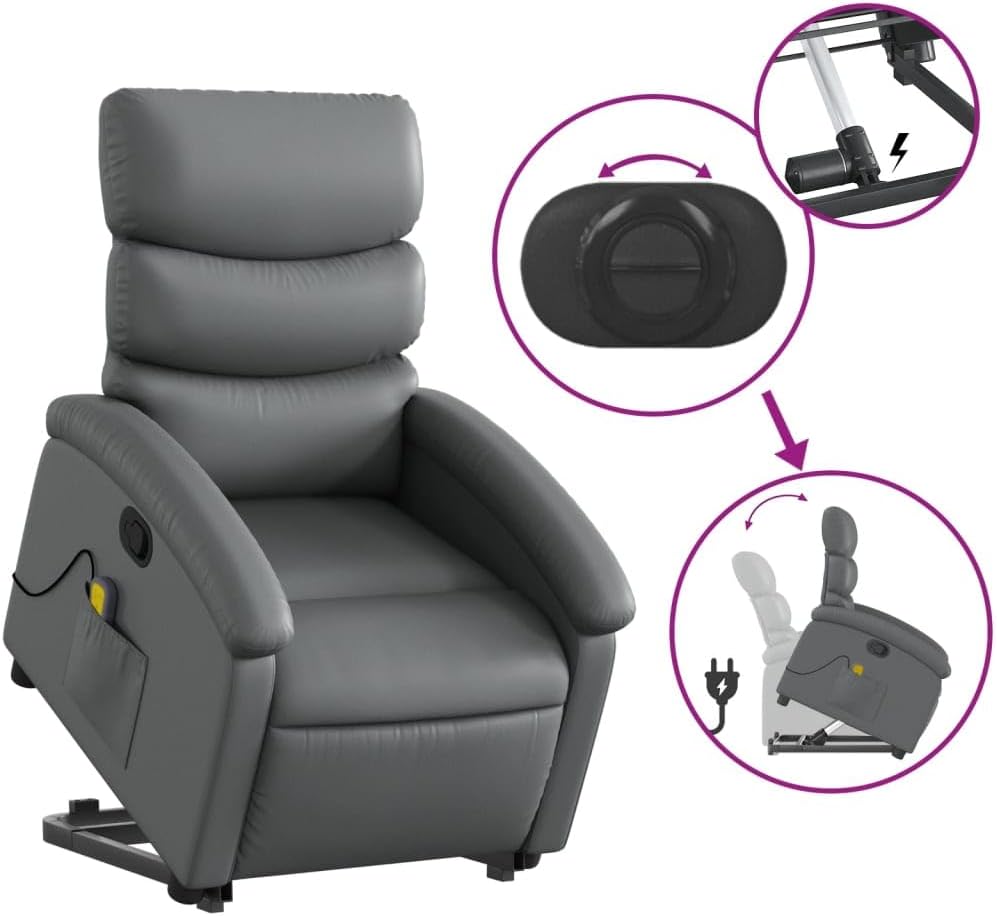 vidaXL Stand-Up Gray Faux Leather Power Lift Massage Recliner with Manual Recline - Comfortable Senior Seating for Living Room