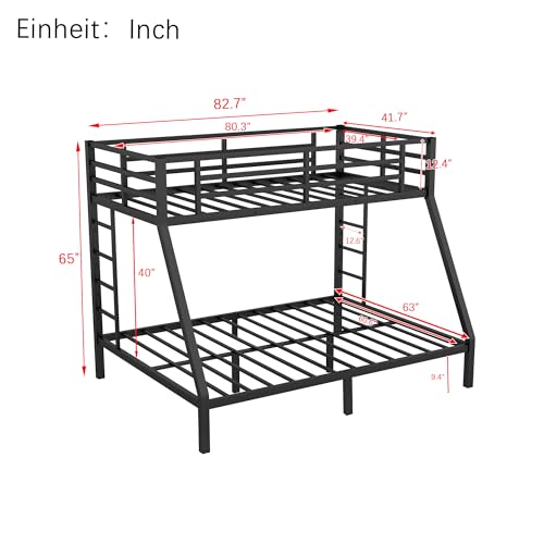 Full XL Over Queen Metal Bunk Bed, Heavy Duty Metal Bunk Beds Frame with 2 Ladder for Kids Adults, No Box Spring Needed/Space-Saving/Noise-Free, Black (Full XL Over Queen)