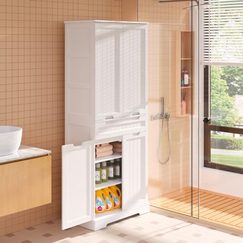 Gizoon 71" Tall Kitchen Pantry Storage Cabinet with Doors and Shelves Large Freestanding Pantry Storage Cabinet with Drawer Wooden Sideboard Buffet Cabinet for Bathroom Craft Room, White