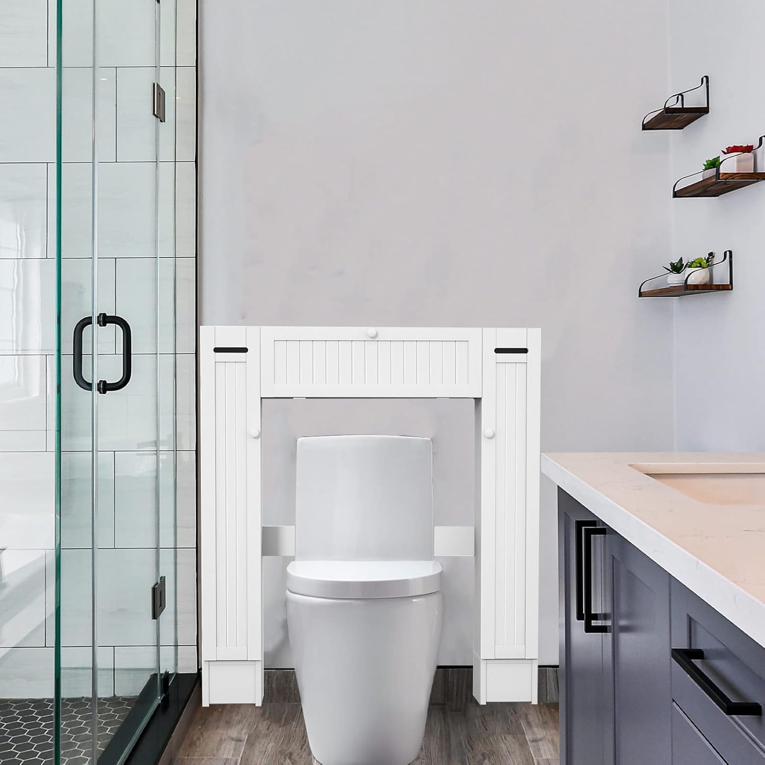 Freestanding Over The Toilet Cabinet,Over-The-Toilet Storage Cabinet with 2 Side Doors,Space Saver Bathroom Storage Toilet Rack with Adjustable Shelves,Paper Holder,White