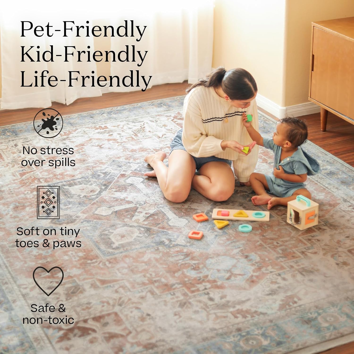 RUGGABLE Kamran Washable Rugs 8x10 - Non Slip, Vintage Machine Washable Area Rug, Living Room, Bedroom, Dining Room, Kitchen, Indoor Large Area Rug, Blue Quartz 8'x10' (Standard Pad)