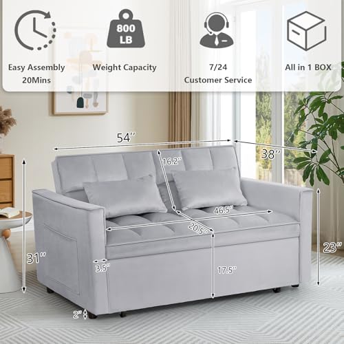 3 in 1 Convertible Sleeper Sofa Bed,Futon Loveseat Couch with Pull-Out Bed & Adjustable Backrest,Velvet Fabric Sofa with Side Pocket for Small Apartment, Living Room, Office (Black)
