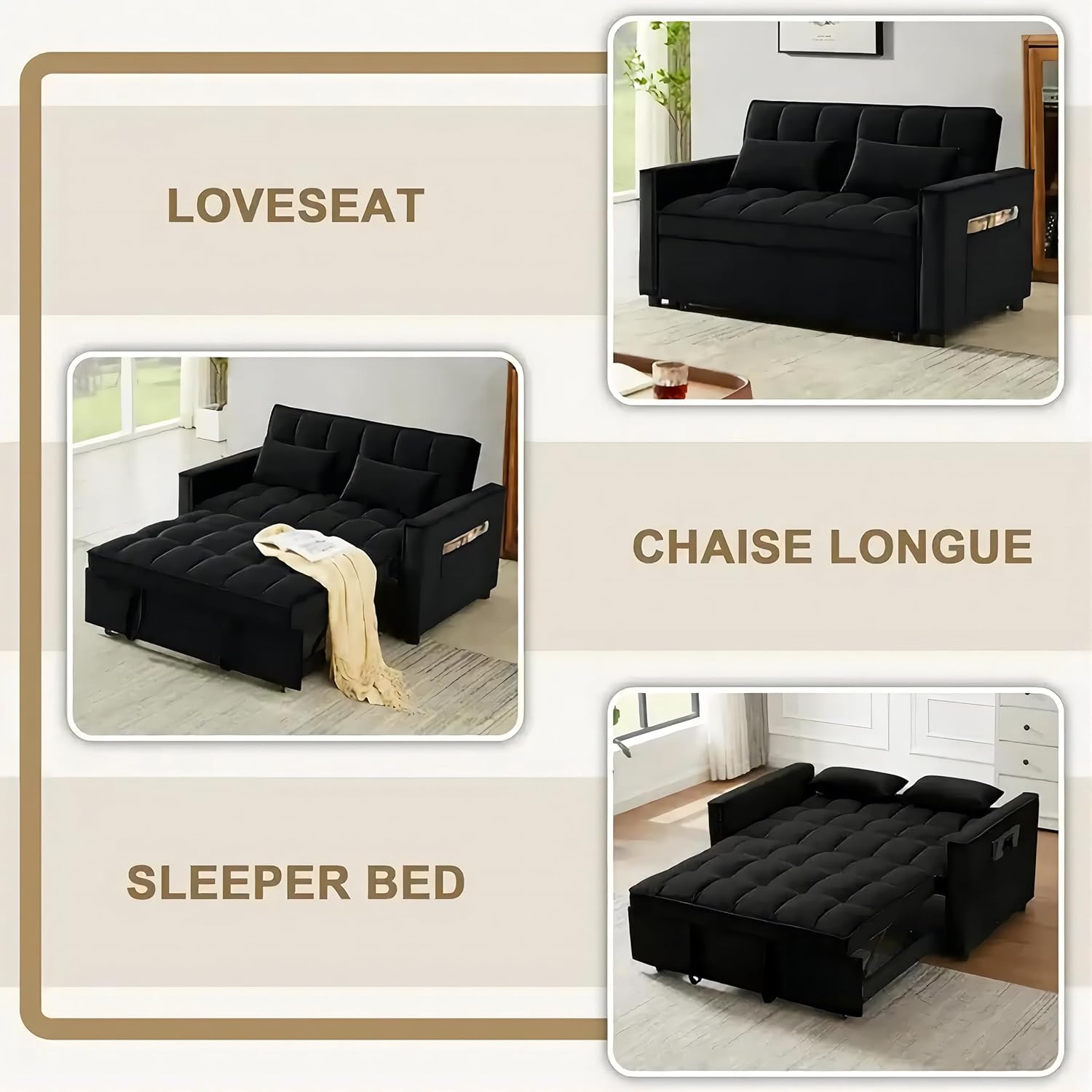 Loveseat 3 in 1 Convertible Sleeper, Modern Pullout Couch Bed, Velvet Chaise Lounge with 2 Pockets and 2 Pillows, Futon Sofa for Living Room Furniture, Black