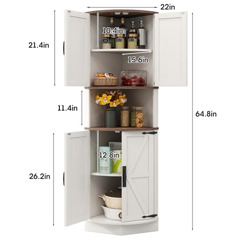 Vabches 64.8" Tall Farmhouse Corner Cabinet with 4 Doors and 5 Storage Shelves, Farmhouse Storage Cabinet with Barn Door Design, Home Space Saver for Living Room, Kitchen, Laundry Room,Grey