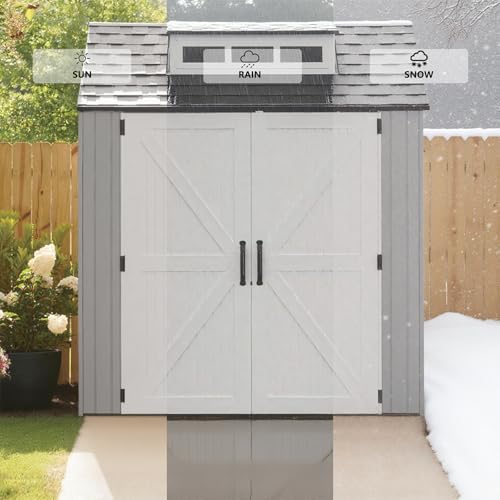 Large Resin Outdoor Storage Shed with Floor (7-10.5 Ft) - Weatherproof Double Wall Construction for Lawn Mowers, Garden Tools, Bike & Pool Supplies, Lockable (Brown, 7x7 FT)