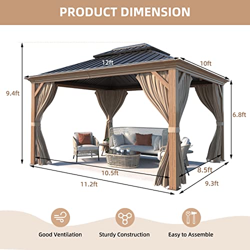 MELLCOM 12'x16' Hardtop Gazebo, Galvanized Steel Metal Double Roof Canopy with Curtains and Netting, Brown Permanent Pavilion Gazebos with Aluminum Frame for Garden, Patio, Lawns, Deck
