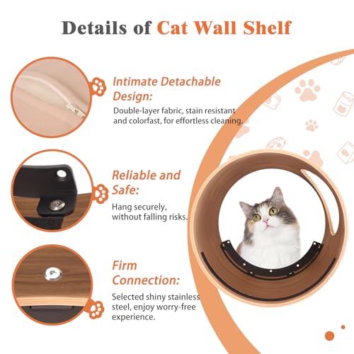 Cat Wall Shelves Round for Large Cat Bed Shelf with Cushion Wall Mounted Cat Condo Cat Perch Wooden Cat Wall Furniture 16.1"x11.8"x16.1", Support to 50 LBS(Left Opening,Oak)