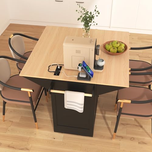 Large Kitchen Island Cart with 2 Drop Leaf, Mobile Dining Table with Storage Cabinet, Rolling Kitchen Cart with Power Outlets, 3 Drawers, Spice & Towel Rack