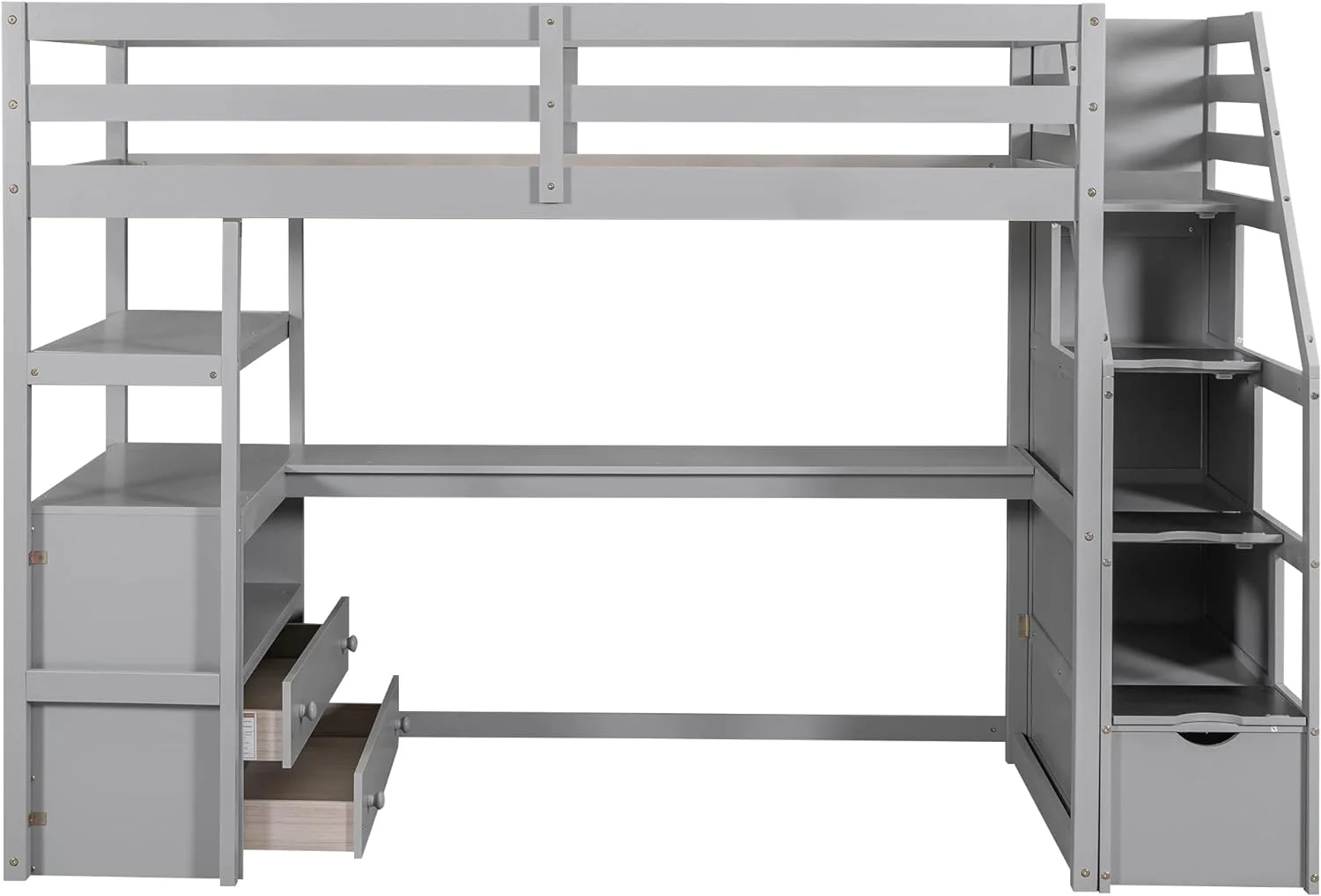 Size Loft Bed With Stairs And Desk, Solid Wood Loft Bed With Bookshelf And Drawers, High Loft Bed Frame With Storage Staircase For Kids Teens, Gray