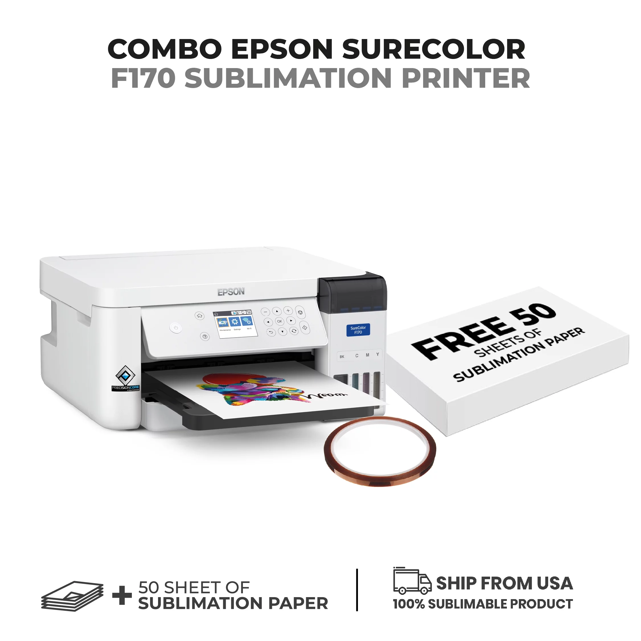 Epson Surecolor F170 Dye Sublimation Printer + 100 sheet sublimation paper + 1 thermal tape