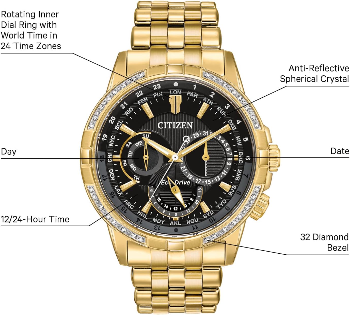 Citizen Men's Eco-Drive Classic Calendrier Watch in Gold-Tone Stainless Steel, Diamonds, Black Dial (Model: BU2082-56E)