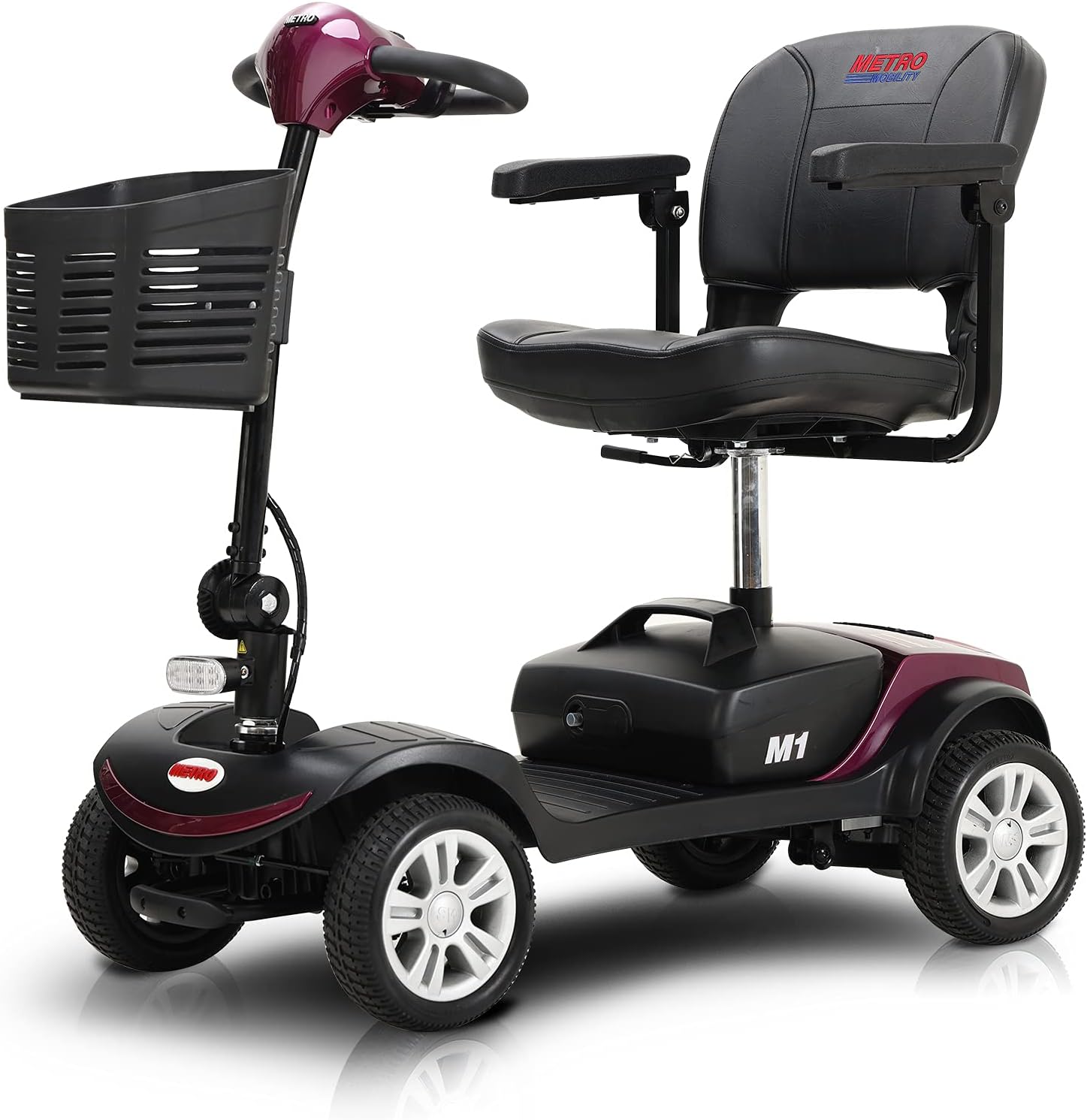 Metro Mobility Compact Travel Electric Powered Mobility Scooter for Adults and Seniors - 300 lbs Max Weight, Foldable, Lightweight, 4 Wheel, Thick Leather Seat, Large Capacity Lead-Acid Battery-Yellow