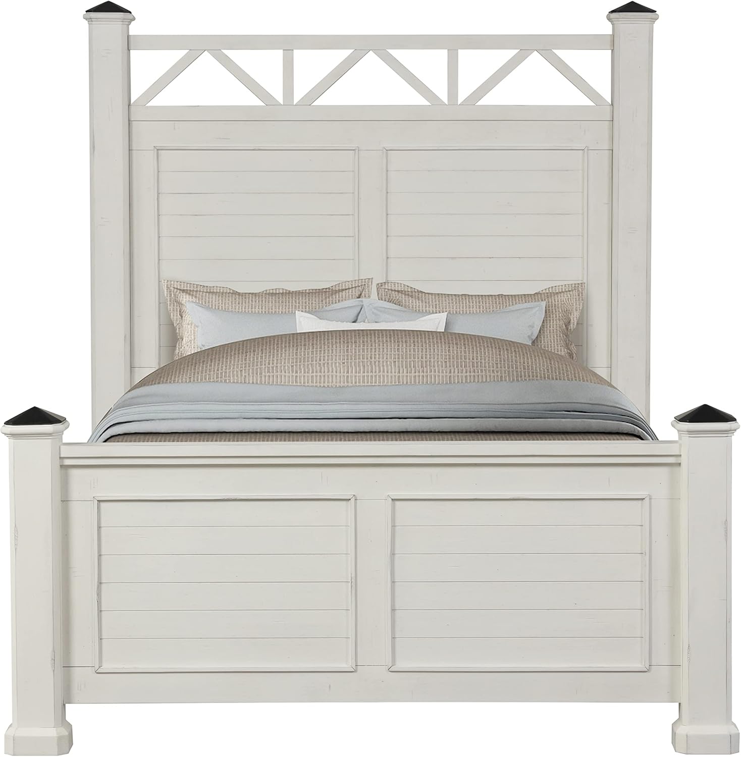 Roundhill Furniture Laria Wood Panel Bed with Dresser, Mirror, and Nightstand, Queen, Antique White