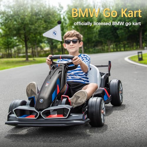 36V Electric Go Kart for Kids, Licensed BMW Battery Powered Drift Racing Go Kart, 7.5 MPH Drift Kart with Dual 300W Powerful Motor, Kids Race Pedal Go Karting Car w/Adjustable Speed, White