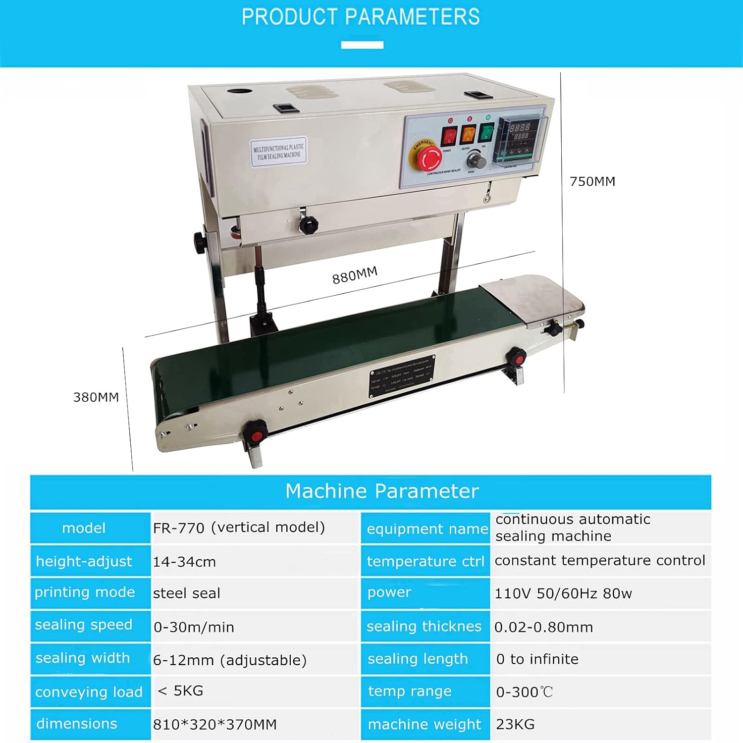 TECHTONGDA FR-770 Continuous Sealing Machine Vertical & Horizontal Automatic Band Sealer with Digital Thermostat for Plastic Poly Bag PVC Membrane Bags Film 110V