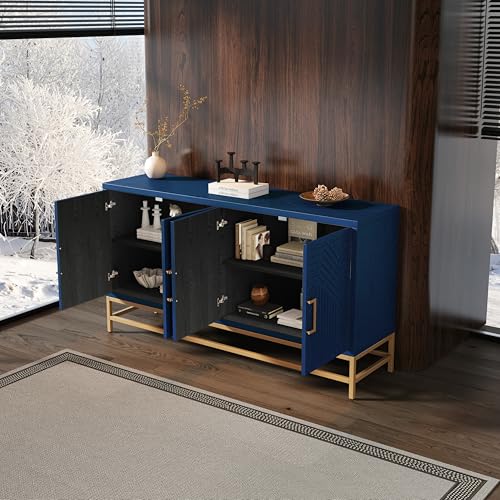 59.8" Retro Style Accent Storage Cabinet with 4 Doors and Rectangular Metal Handles and Legs, Wooden Buffet Sideboard Adjustable Shelves for Kitchen, Living Room and Dining Room (Navy)