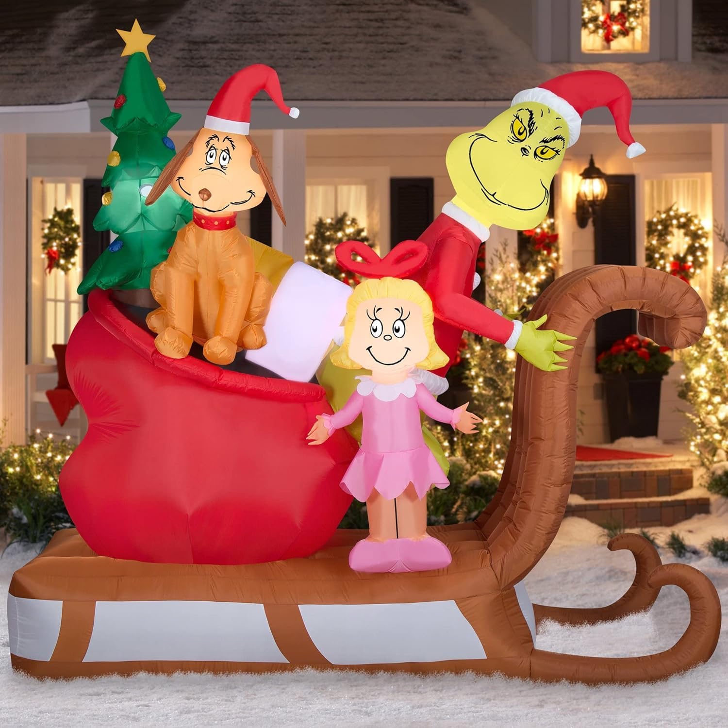 9FT Airblown Inflatable Grinch w/Max and Cindy Lou Who on Sleigh Scene Inflatable Chrsitmas Decor