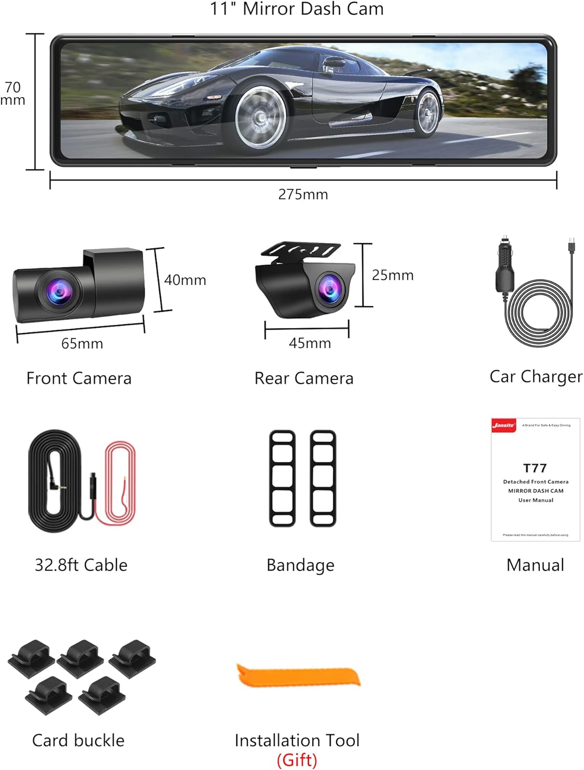 【Newest Detached】 Mirror Dash Cam with Detached Front Camera 11 Rear View Mirror Camera Front and Rear FHD 1080P Waterproof Backup Camera Full Touch Screen for Car with Night Vision,Parking Assist