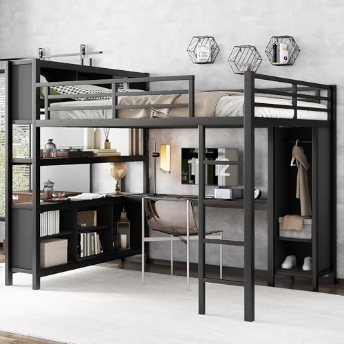 Linique Metal Loft Bed with Wardrobe & L-Shaped Desk - Sturdy Space-Saving Loft Bed Includes Storage Cubes, Shelves for Kids, Teens, Adults (White, Queen)