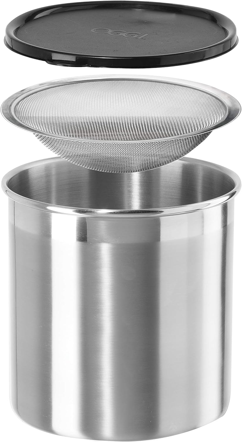 T-fal Deep Fryer with Basket, Easy to Clean, Oil Filtration, 2.6-Pound, Silver, Model FR8000 & OGGI Cooking Grease Container, 4 Quart, Stainless Steel