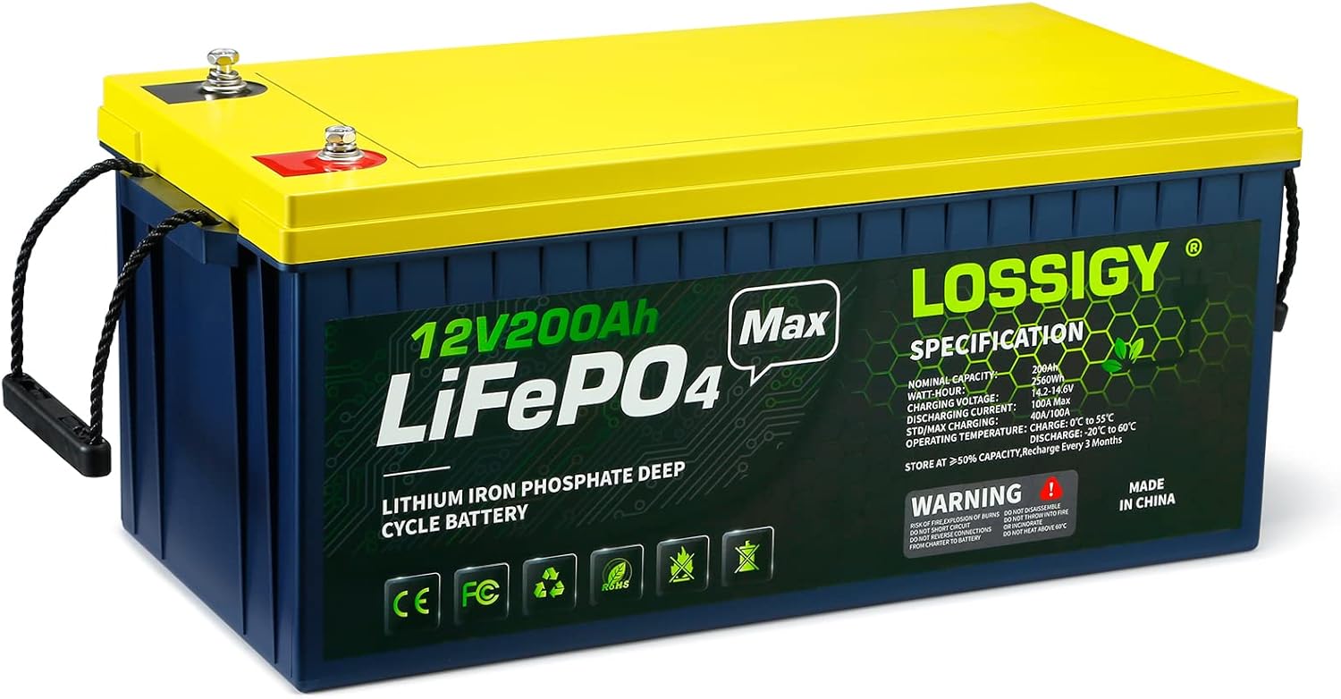 LOSSIGY LiFePO4 Battery 12V 200Ah Deep Cycle Lithium Ion Battery, Built-in 100A BMS, 4000+ Cycles, 280Amp Max, Perfectly replace all RV, Solar systems, Marine Batteries Application, Maintenance-Free