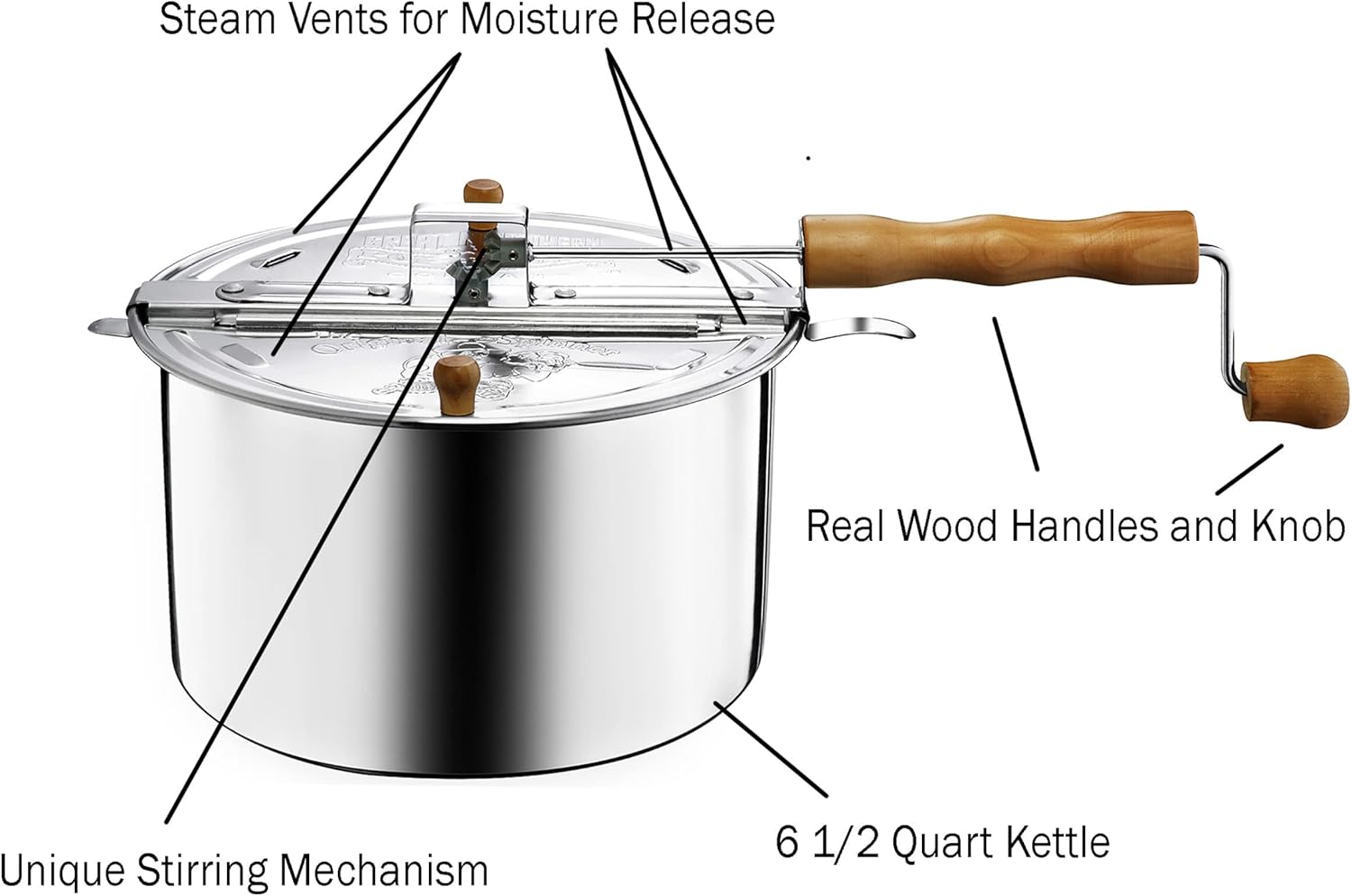 Great Northern Popcorn Stovetop Popcorn Maker With Wooden Handles, Silver, 5qt (529019ECS)