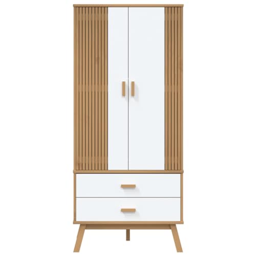 Wood Wardrobe Closet, Bedroom Armoire Closet, Solid Wood Wardrobe Armoire Closet Storage Cabinet with 2 Drawers and 1 Large Compartment, Gray and Brown 30.1"x20.9"x67.7"
