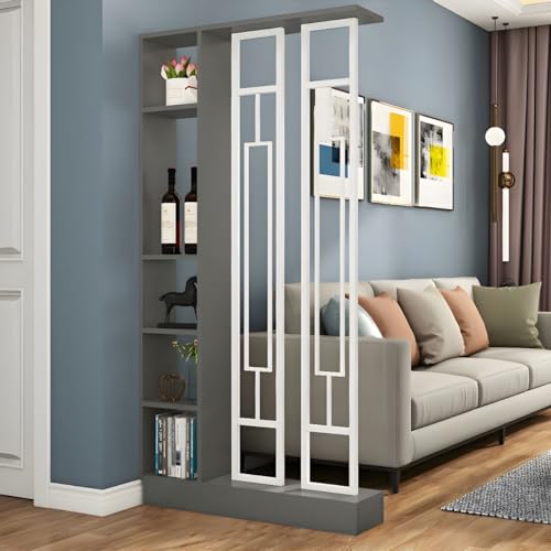 CraftThink Wall Room Divider, Modern Wood Bookshelf with Translucent Screens and Multiple Shelves, Storage Cabinet Display Storage for Home Office Decorative, 39.5" L x 80" H White-Black