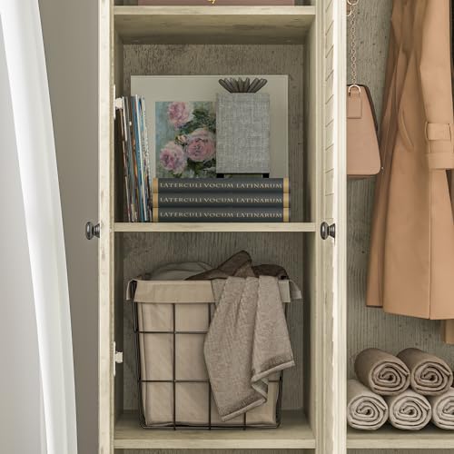 ECACAD Large Wardrobe Armoire with Multi-Tier Shelves, 3 Drawers, Hanging Rod & 3 Louver Doors, Wooden Closet Storage Cabinet for Bedroom, Light Brown (44.3”W x 19”D x 70.9”H)