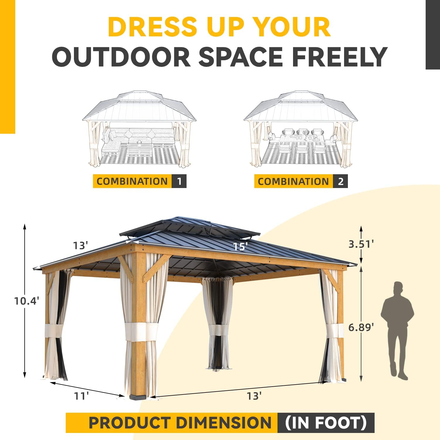 EROMMY 13'x15' Wood Gazebo, Outdoor Hardtop Gazebo Pavilion with Netting and Curtains, Spruce Wooden Frame Double Roof Metal Canopy for Patio Backyard Deck Garden
