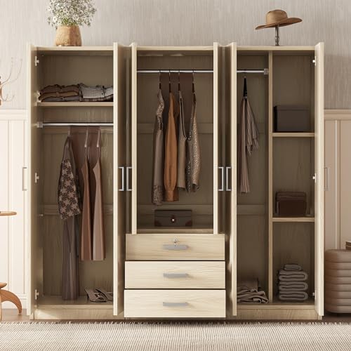 67.9" H Large 4 Doors Armoire Wardrobe Closet with Mirror, Freestanding Closet Wardrobe Clothes Cabinet Organizer with Locking Drawer, Shelves and Hanging Rod, Wooden Bedroom Armoires, White