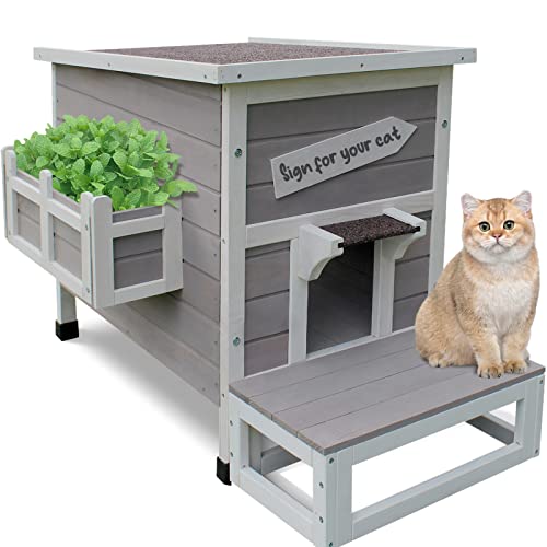 Rockever Outdoor Cat House, Large Outdoor Houses for Feral Cats Wooden Outside Cat Shelter Weatherproof with Escape Door
