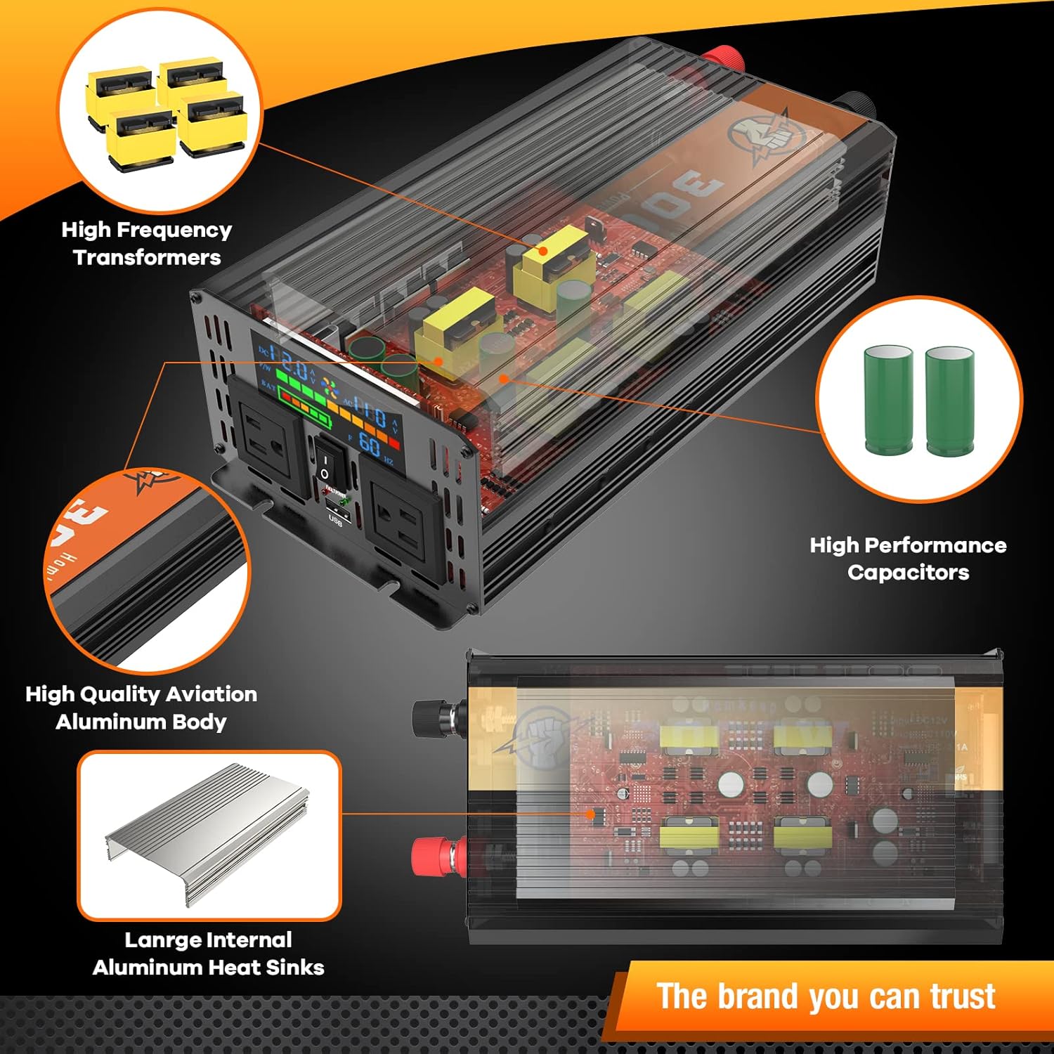 Power Inverter 2000 Watts 12V to 110V, Modified Sine Wave DC to AC Car/Home Converter, Dual 110V AC Outlets, USB Port, LED Display for Home, Outdoor, Camping, RV, Truck, Boat, Laptop and Emergency