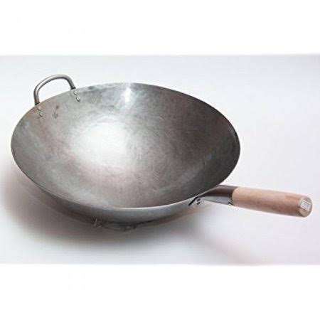Big 16 inch Heavy Hand Hammered Carbon Steel Pow Wok with Wooden and Steel Helper Handle (Round Bottom) 731w138 by Craft Wok