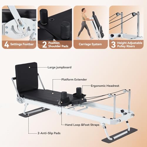 JOMEED Foldable Pilates Reformer Machine Equipment for Home Use and Gym Workout，Compact Pilates Board Up to 400LBS with Dual Resistance- Springs and Cords and Jump Boards