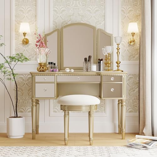 43.3" Modern Vanity Table Set with Flip-top Mirror and LED Light, Space-Saving functionality, Water Resistance and Slip-Proof Features Make it an Ideal Dresser for The Bedroom