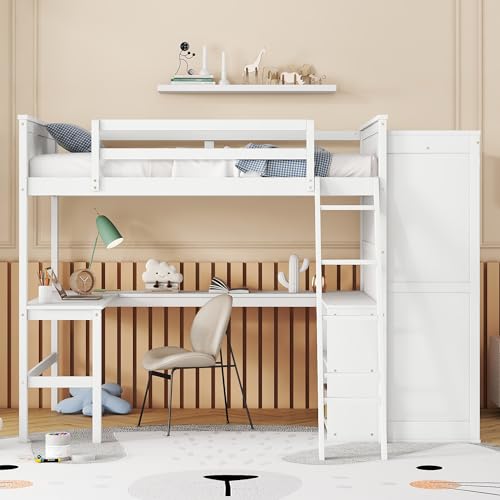 SOFTSEA Twin Size Loft Bed with Built in Desk & Wardrobe, Solid Wood Loft Bed with Storage Cabinet, High Loft Bed Frame with Large Wardrobe for Kids Teens Adults, Grey