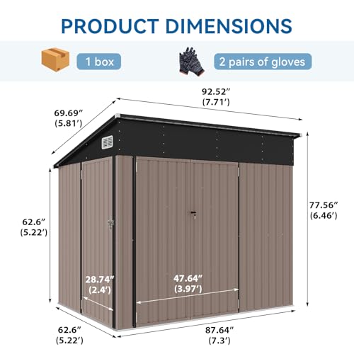 8'x4' Shed Galvanized Steel Storage Sheds with Triple Doors Weatherproof Outdoor Utility Sheds, Dual Lock Lean to Shed with Sloped Roof for Mower, Bike, Generator, Garden Tools (Black)