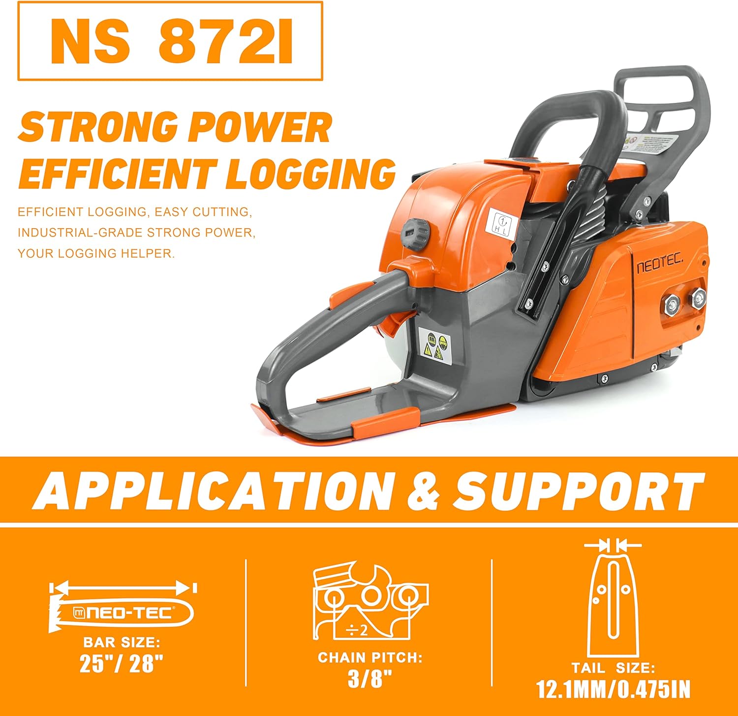 NEO-TEC NS872I 72cc Gas Chainsaw High-End Version, with NGK Spark Plug, Italian Ignition Coil, 24 Inch Chainsaw, 24" Chainsaw, Fit for 25 Inch, 28 Inch Bar, Gas Powered Chainsaw, Gasoline Chainsaw