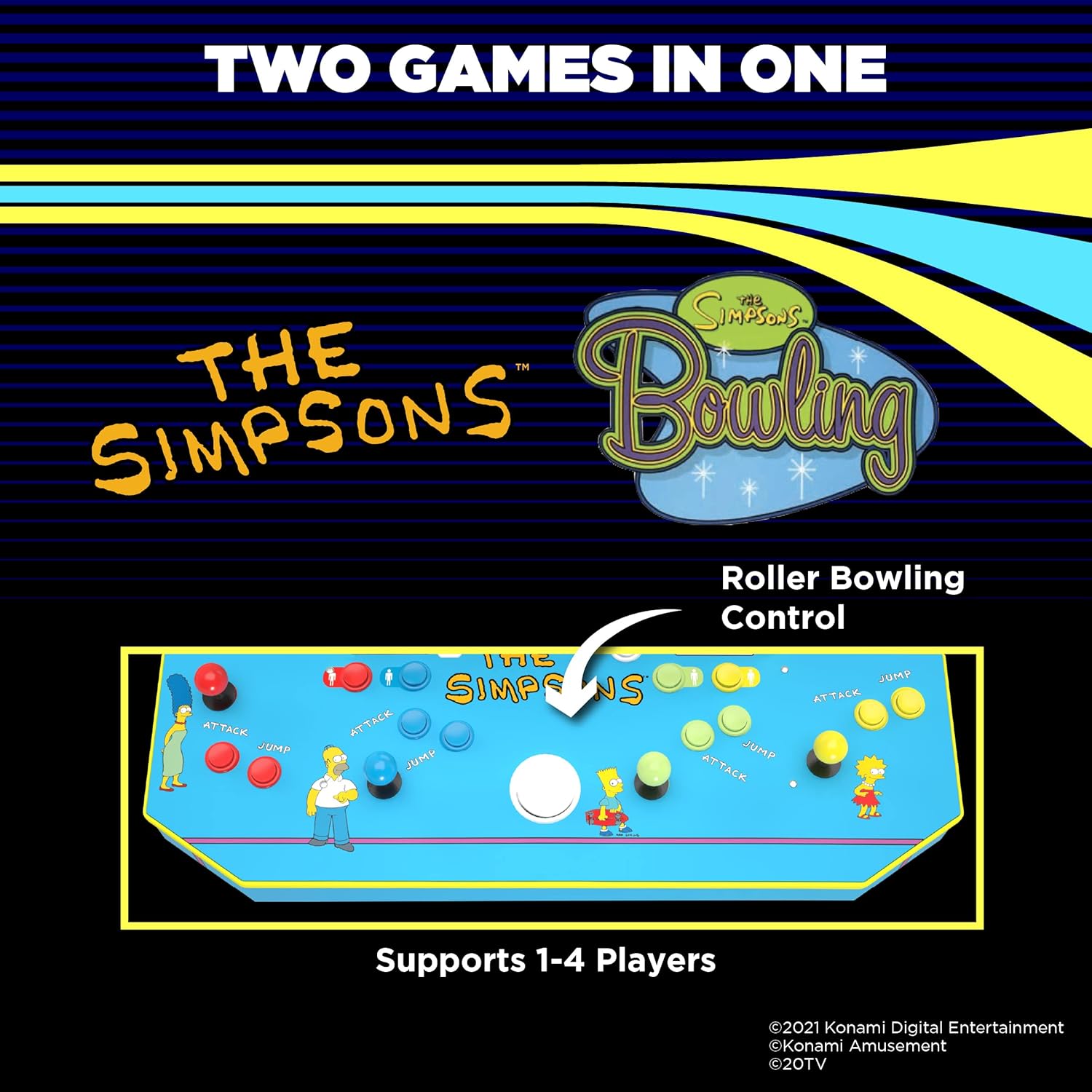Arcade1Up The Simpsons Arcade Machine, 4-Foot — 4 Player Arcade Game Machine for Home, Live WiFi Enabled — Includes Custom Arcade Game Riser, Adjustable Stool, Light-Up Marquee, and Tin Wall Sign