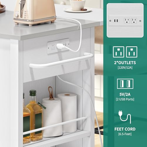 YITAHOME Kitchen Island with Stainless Steel Top & Drop Leaf, 47 Inch Kitchen Island on Wheels with Power Outlet, Rolling Portable Mobile Kitchen Cart w Storage Drawer Cabinet Counter Metal Top, White