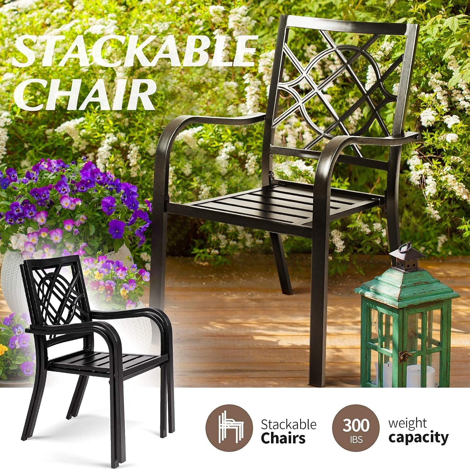 SUNCROWN 5-Piece Outdoor Wrought Iron Chairs and Table Patio Dining Furniture Set - 4 Stackable Metal Chairs and 1 Square Steel Slat Bistro Table with 1.57" Umbrella Hole for Backyard Garden Deck