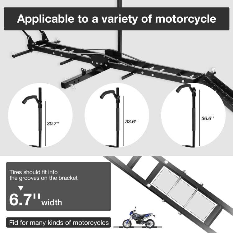 Motorcycle Carrier Hitch Mount 500 Lbs Dirt Bike Carrier Hauler Hitch Rack with Fixed Bracket and Lock Wheel Settings Removable Loading Ramp Anti-Tilt Locking Device