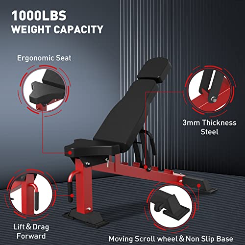 Mikolo 2.36'' x 2.36'' Folding Wall Mounted Squat Rack, 1000 Pounds Capacity Power Rack with Weight Bench，Pull Up Bar, J Hooks and Other Attachments, Space-Saving Home Gym