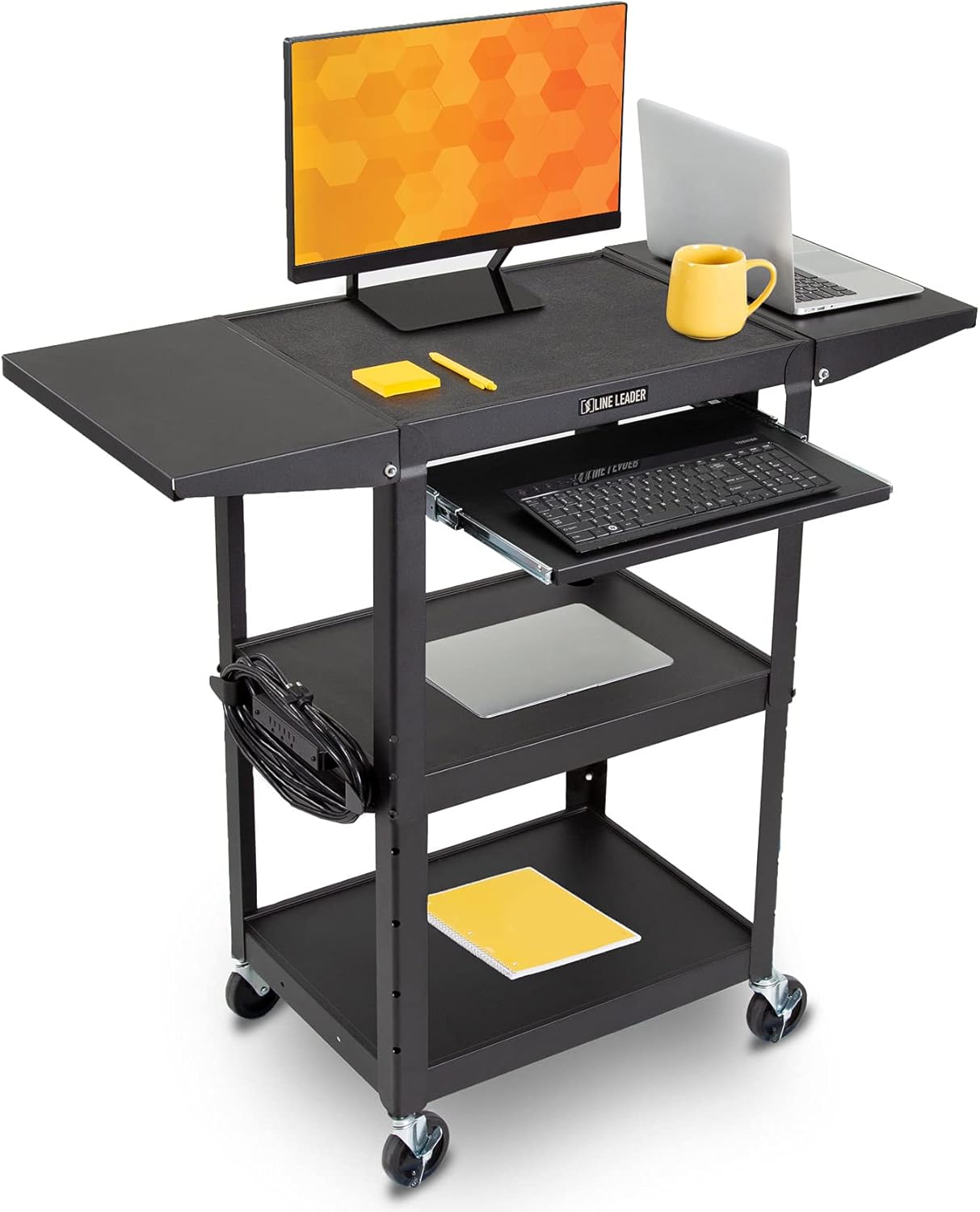 Line Leader Large AV Cart with Drop Leaves | Height Adjustable Utility Cart | Includes Pullout Keyboard Tray & Cord Management | Easy Assembly (54in x 18in x 42in / Black)