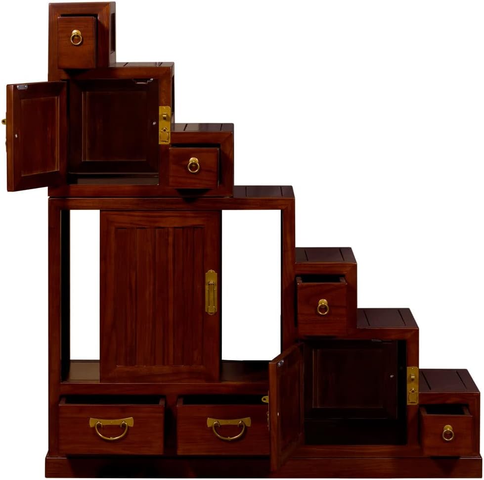 ChinaFurnitureOnline Elmwood Asian Cabinet, Japanese Step Tansu Chest in Mahogany Finish