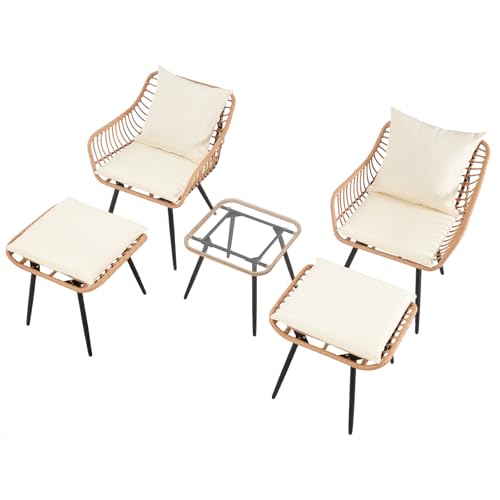 3 Pieces Patio Bistro Set, Outdoor Wicker Table and Chairs Set of 2, Rattan Balcony Furniture Set with Cushions for Front Porch Apartment Backyard Deck,Beige