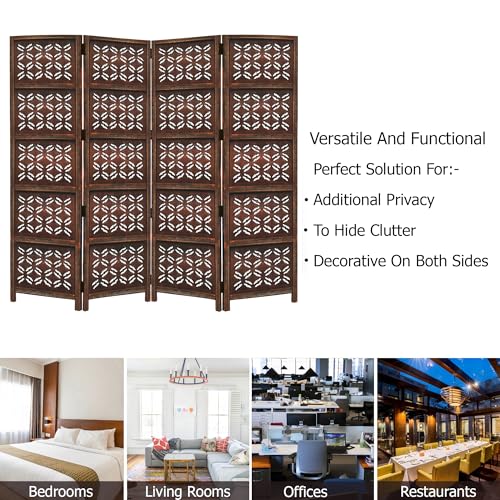 Room Divider Wood Screen - Ghanti Bells Antique Brown - 4 Panel Folding 72 x 80 - Assembled Hand Carved Decorative Functional Versatile Portable Partition Reversible Privacy Boho - COTTON CRAFT