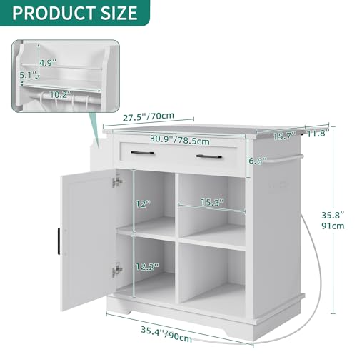 YITAHOME Kitchen Island with Stainless Steel Top & Drop Leaf, 47 Inch Kitchen Island on Wheels with Power Outlet, Rolling Portable Mobile Kitchen Cart w Storage Drawer Cabinet Counter Metal Top, White