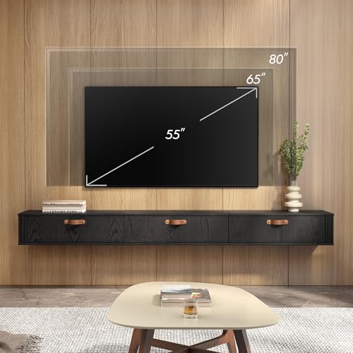 WAMPAT Floating TV Stand,Wall Mounted, Wood Media Console Entertainment Center with Cabinet, 70 inch floating tv shelf for Living Room, Bedroom,Black